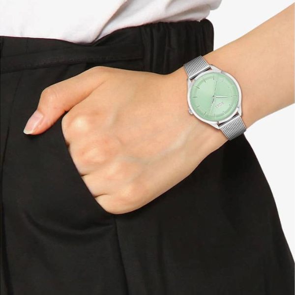 BOSS Ladies Pura Mint Green Mesh Watch on wrist