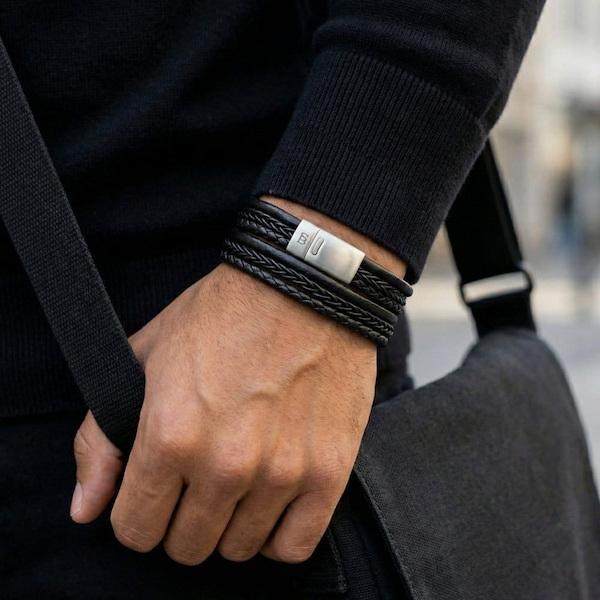 STEEL & BARNETT Steel & Barnett Bonacci Black Leather Layered Multi Strand Bracelet