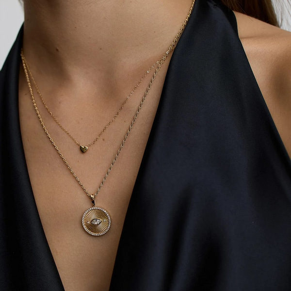 D.Louise Yellow Gold Tone Plated Stainless Steel Engravable Evil Eye Talisman Pendant THN-71