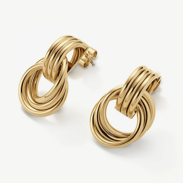 D.Louise Yellow Gold Tone Plated Stainless Steel Rope Knot Stud Earrings NAE-14