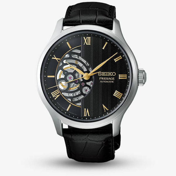 Seiko Mens Presage Japanese Zen Gardens Black Dial Leather Strap Watch