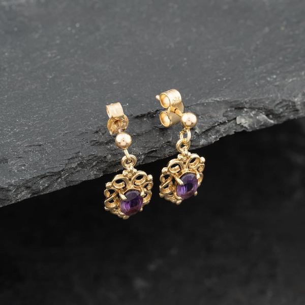 Second Hand 9ct Yellow Gold 17mm Amethyst Dropper Earrings