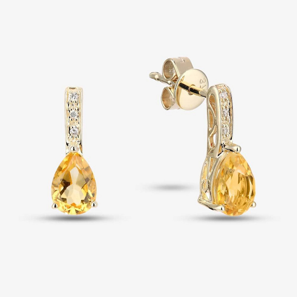 T.H.Baker 9ct Yellow Gold Pear Shaped Citrine & Diamond Stud Earrings