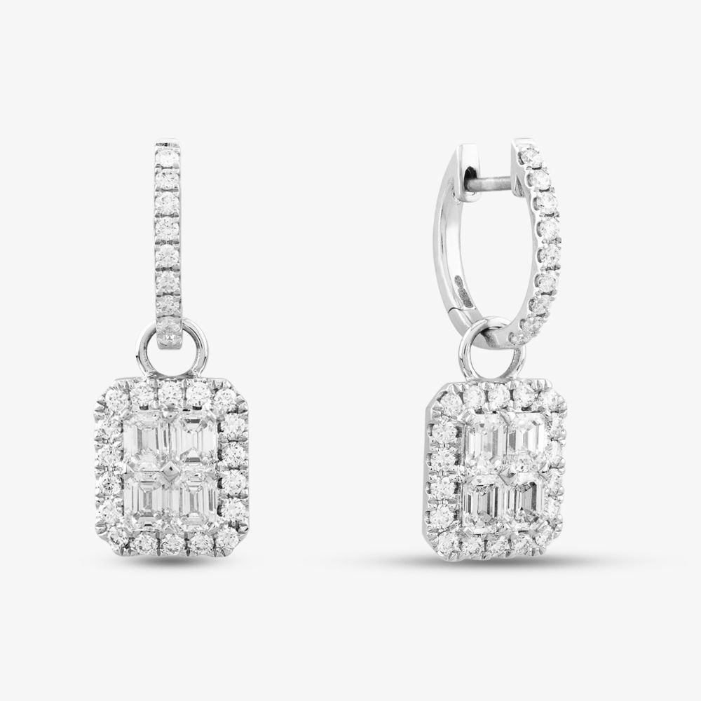 T.H.Baker 18ct White Gold Brilliant & Emerald Cut Diamond Hoop Dropper Earrings