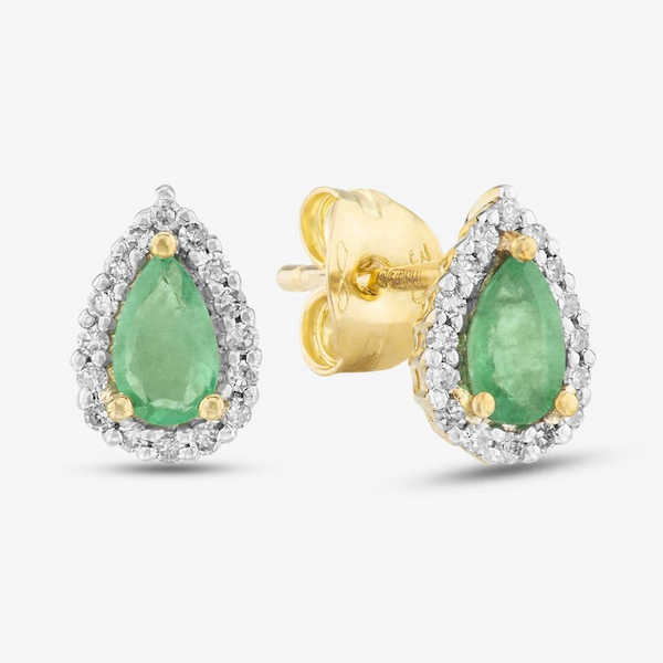 T.H.Baker 9ct Gold Diamond Emerald Pear Shape Stud Earrings