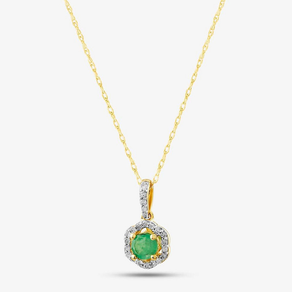 T.H.Baker 9ct Yellow Gold Emerald & 0.09ct Diamond Halo Pendant Necklace