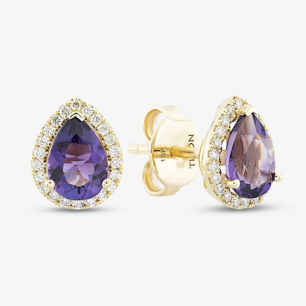 Tivon 18ct Yellow Gold Pear Cut Amethyst & Diamond Stud Earrings