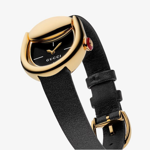 Gucci Ladies Horsebit Black Dial Leather Strap Watch
