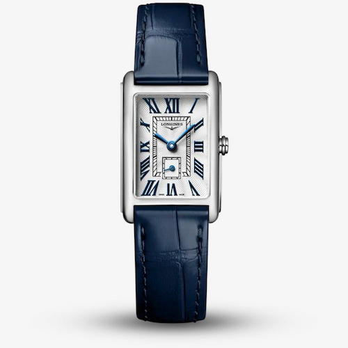 Longines Ladies Dolcevita Silver Rectangle Dial Blue Leather Strap Watch