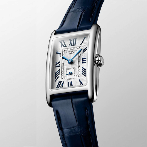 Longines Ladies Dolcevita Silver Rectangle Dial Blue Leather Strap Watch