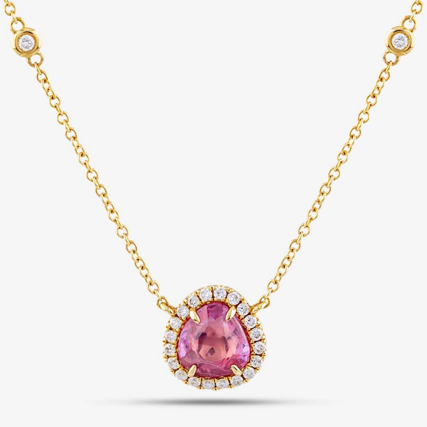 T.H.Baker 18ct Yellow Gold 1.06ct Pink Sapphire & 0.22ct Brilliant Cut Diamond Halo Necklace