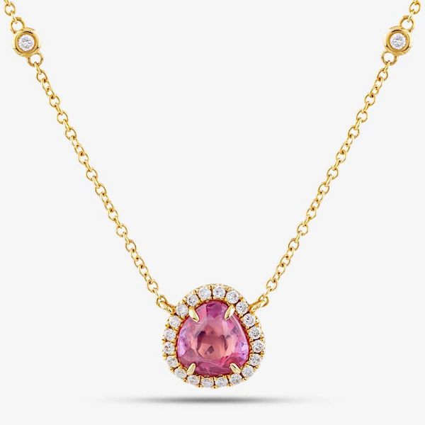 T.H.Baker 18ct Yellow Gold 1.06ct Pink Sapphire & 0.22ct Brilliant Cut Diamond Halo Necklace