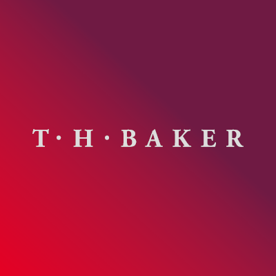 T H Baker logo on a PInterest red background blending to a T H Baker purple