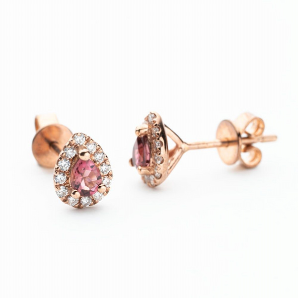 T.H.Baker 9ct Rose Gold Pear Cut Pink Tourmaline & 0.27ct Diamond Cluster Earrings