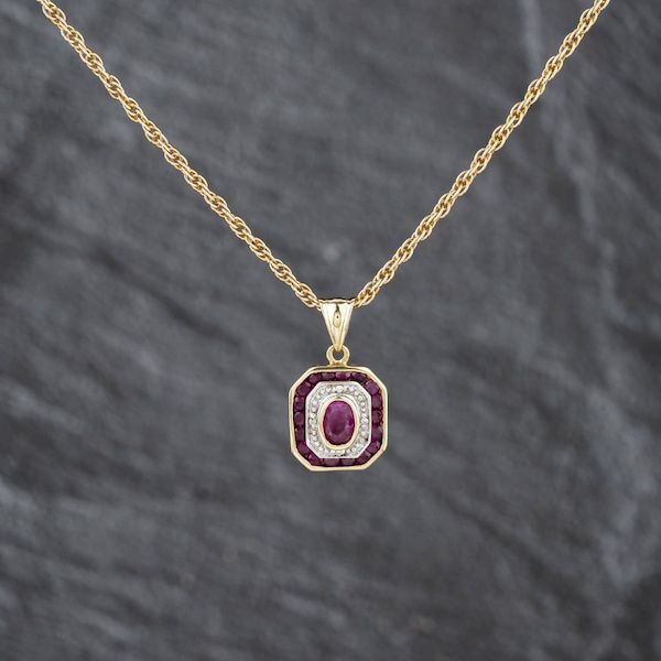 Second Hand 9ct Yellow Gold Ruby & Diamond Octagonal Shaped Gemstone Pendant & 20 Inch Prince Of Wales Chain