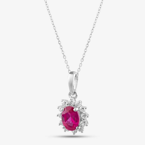 T.H.Baker 9ct White Gold Oval Cut Ruby & Cubic Zirconia Halo Necklace