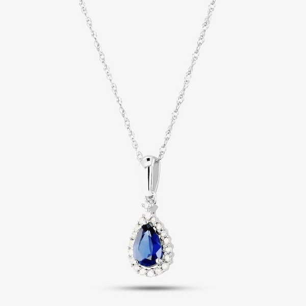 T.H.Baker 9ct White Gold Diamond Sapphire Pear Shape Pendant
