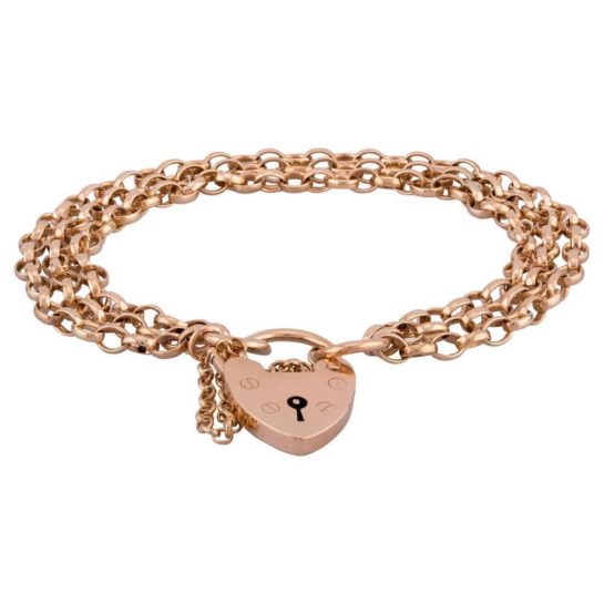 gold heart padlock and three row belcher chain bracelet