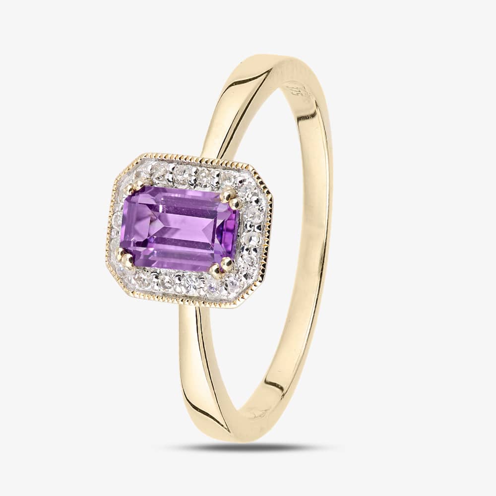 9ct Yellow Gold Amethyst Diamond Cluster Ring