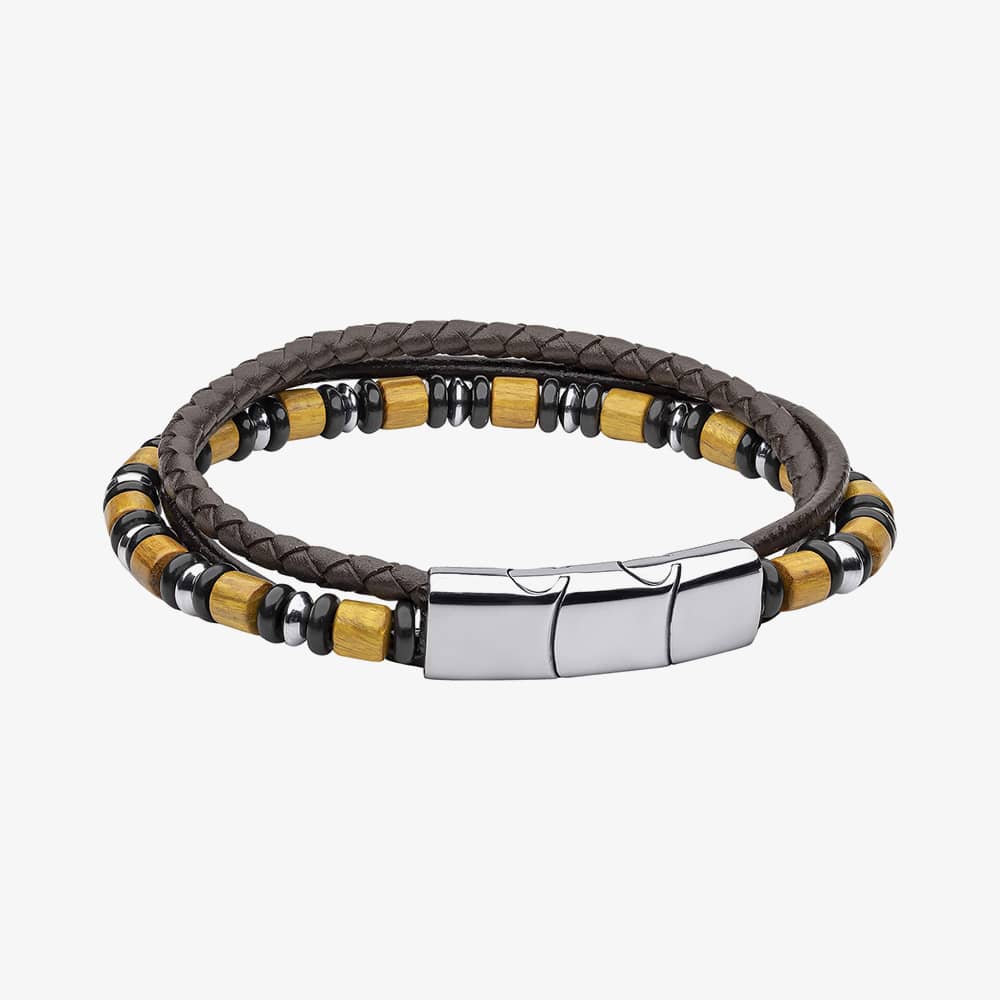 Fred Bennett Multi Layered Leather, Wood & Onyx Bead Bracelet B5461