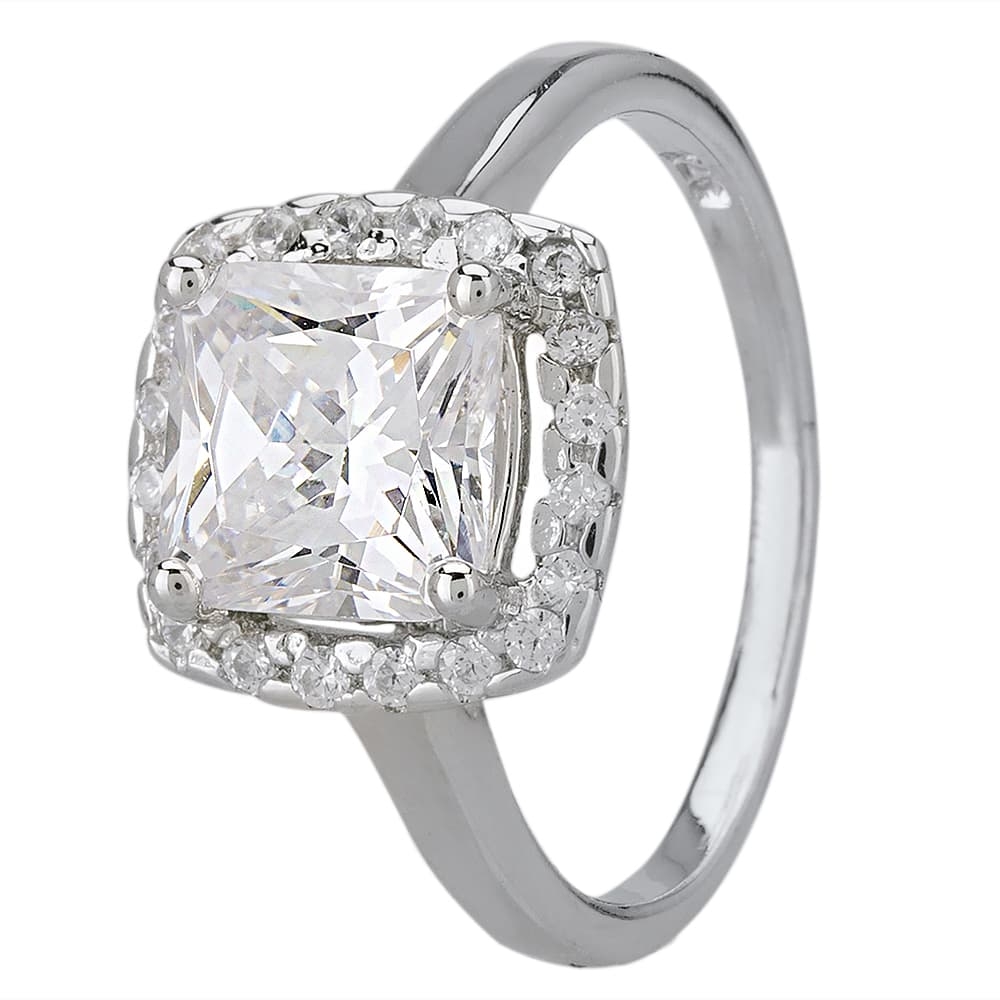 Starbright Silver Squarecut Cubic Zirconia Halo Ring R7048 3A T.H