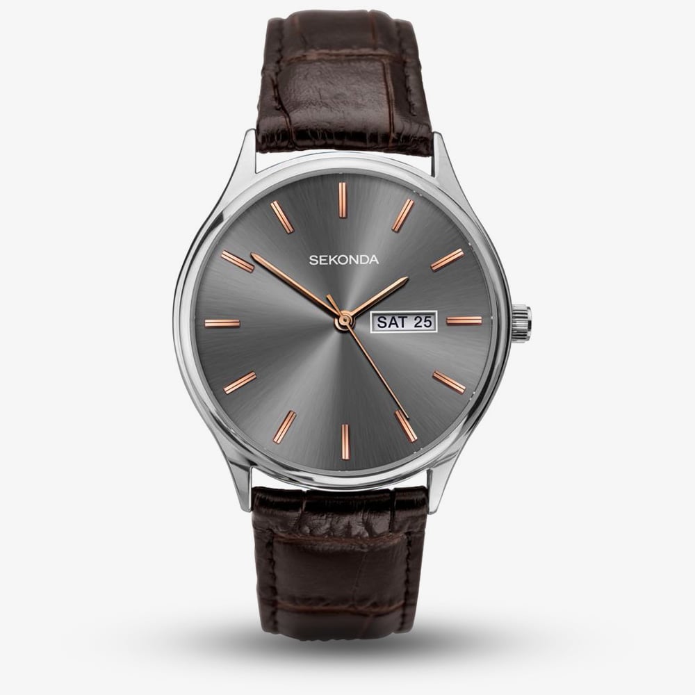 Sekonda Mens Grey Dial Brown Leather Strap Watch 1685