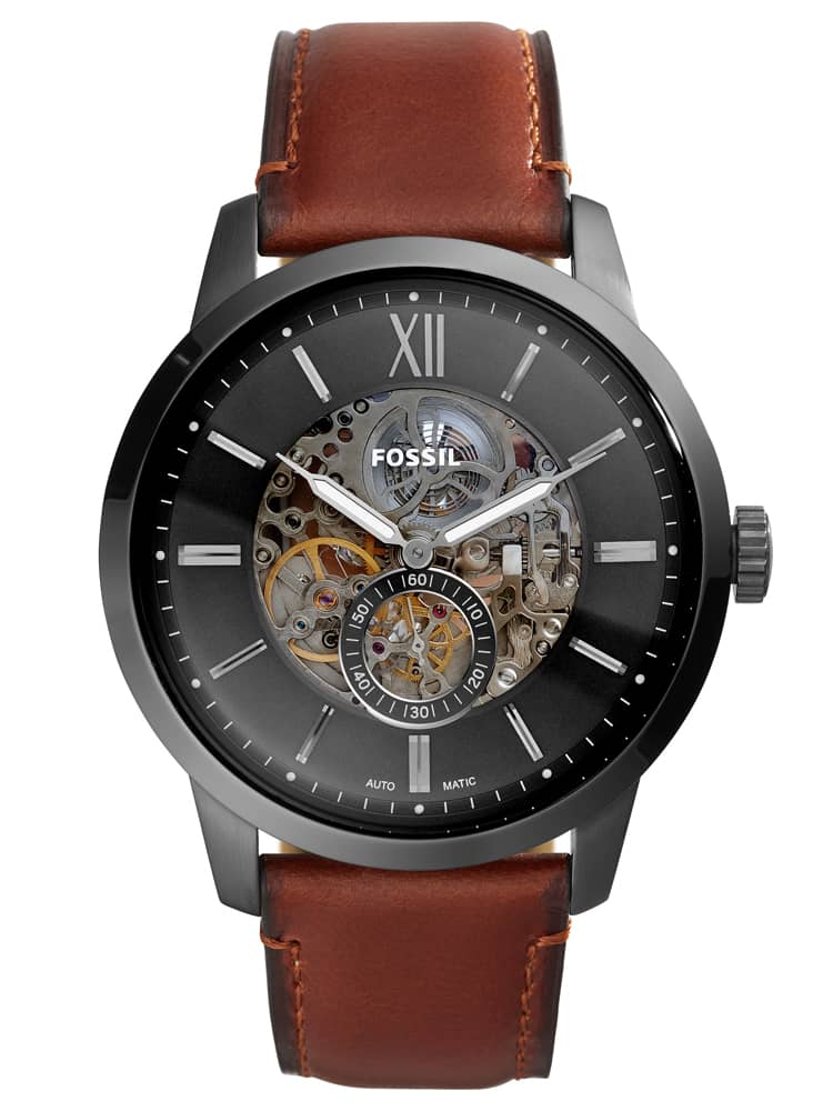 Fossil Mens Townsman Automatic Stainless Steel Grey Skeleton Dial Brown Leather Strap Watch Me3181 T H Baker Family Jewellers The me3098 fossil skeleton watch features a vintage design with modern features that will withstand the test of time. fossil mens townsman automatic stainless steel grey skeleton dial brown leather strap watch me3181