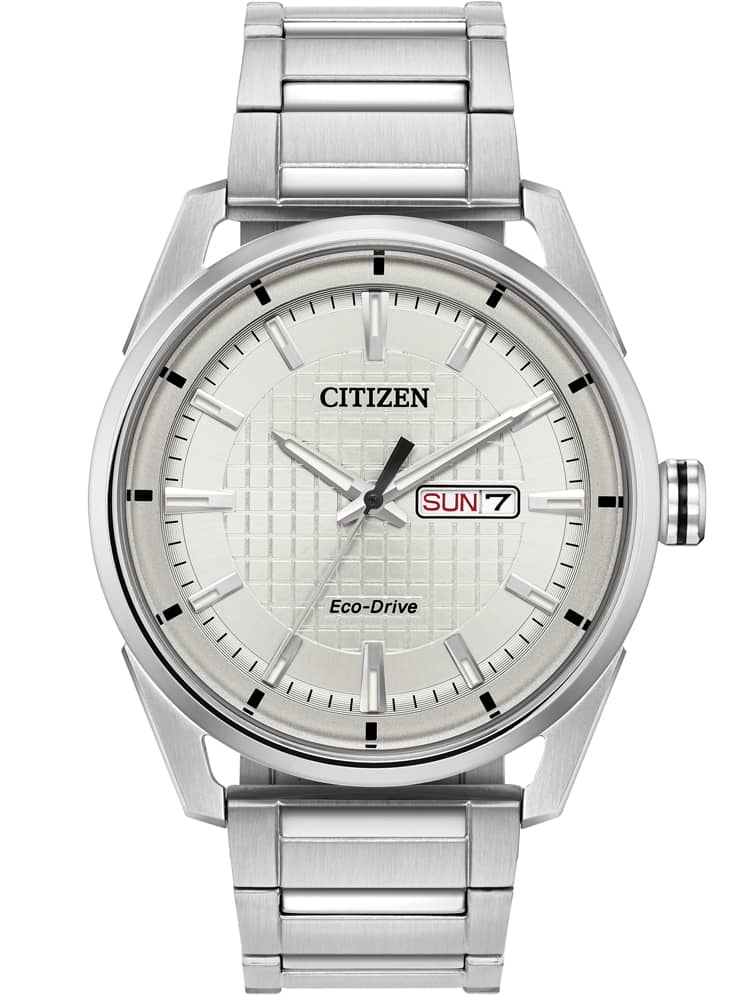 Citizen Mens EcoDrive Silver Day Date Dial Stainless Steel Bracelet