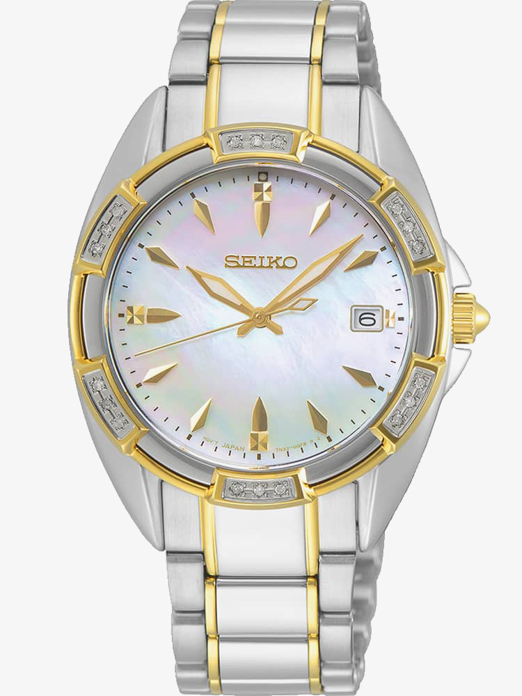 Seiko Ladies Mother Of Pearl Dial Diamond Set Bezel Two Tone Bracelet Watch  SKK880P1 | T.H. Baker Family Jewellers