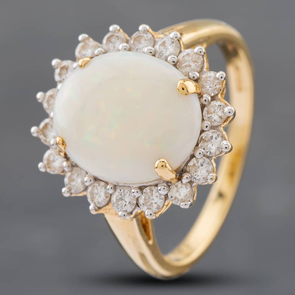 Second Hand 14ct Yellow Gold Oval Opal & Brilliant Cut Diamond Cluster Ring 41481590