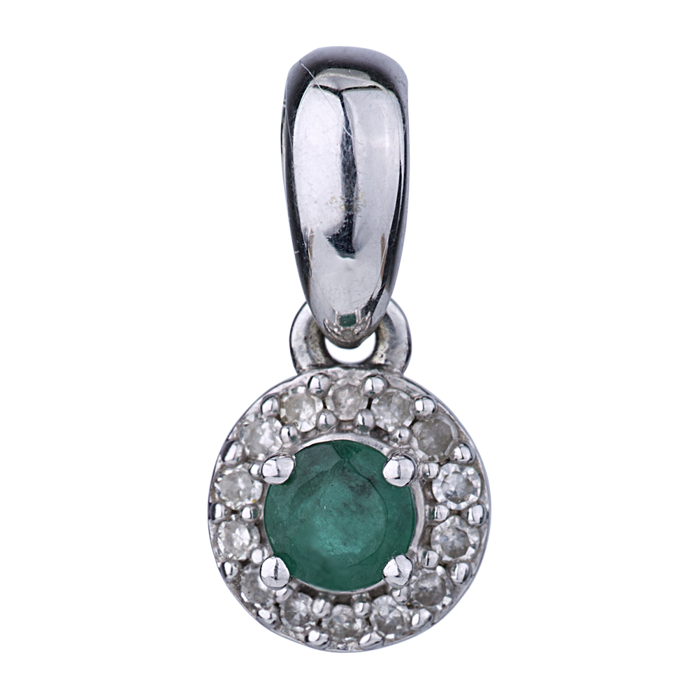 Second Hand 14ct White Gold Emerald and Diamond Cluster Pendant 4214639