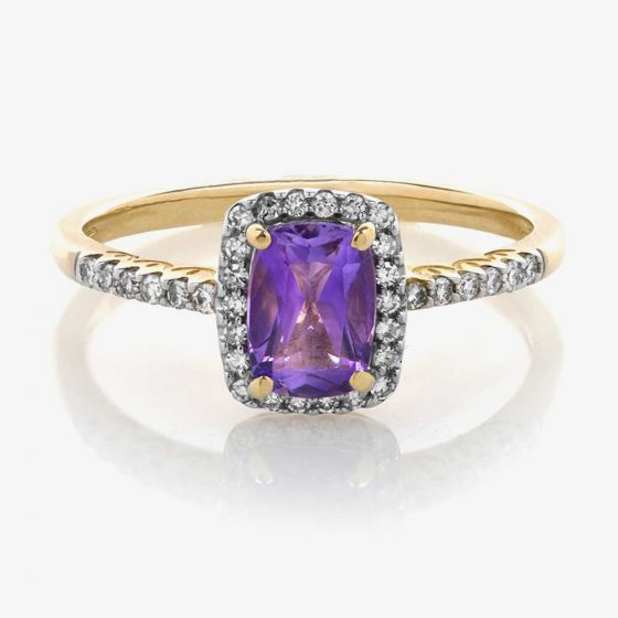 T H Baker 9ct Gold Cushion-cut Amethyst and Diamond Cluster Ring