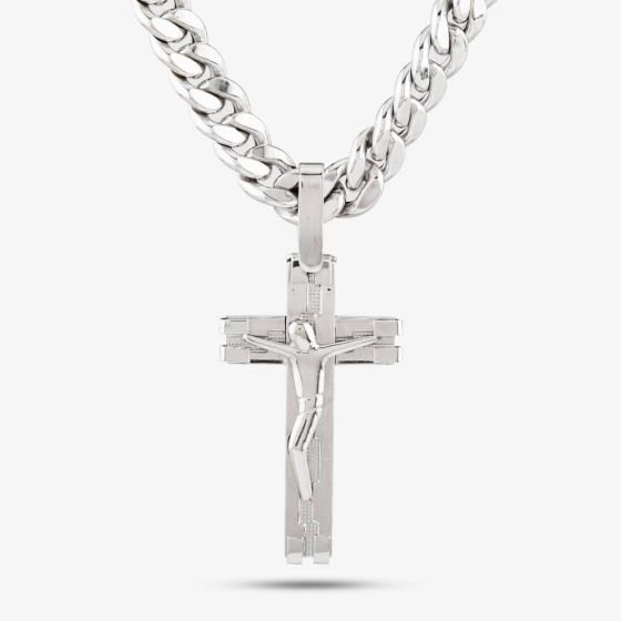 Second Hand 18ct White Gold Crucifix Cross Pendant & 23 Inch Curb Chain