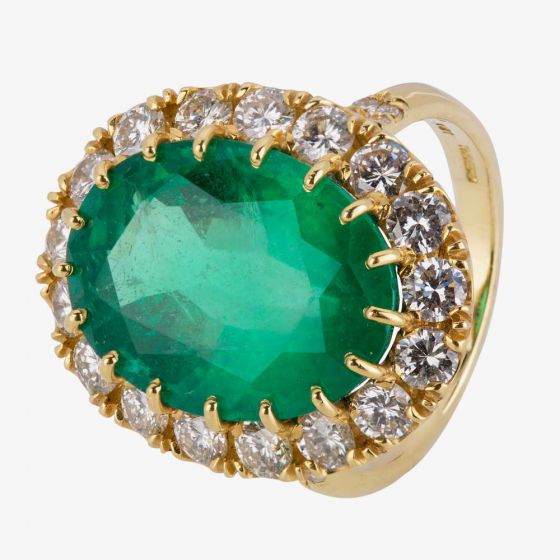 Second Hand 18ct Yellow Gold Emerald and Diamond Cluster Ring