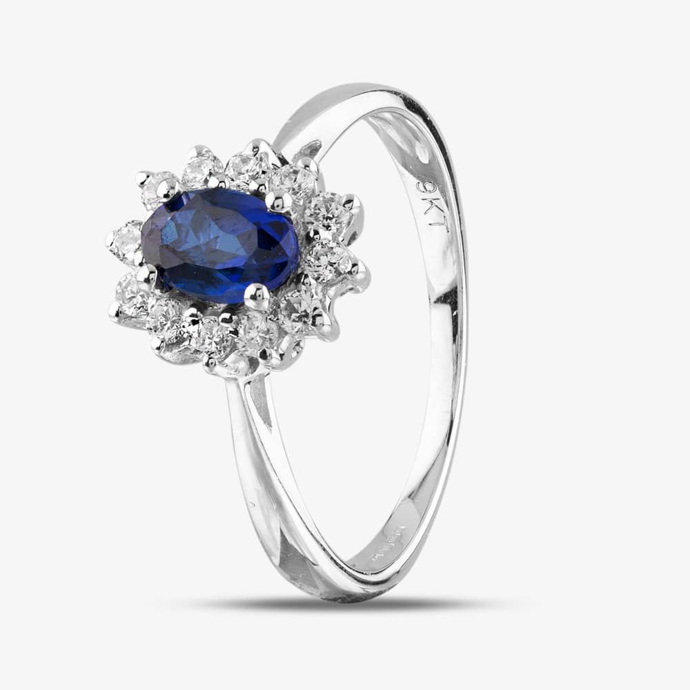 9ct White Gold Oval Cut Sapphire Cubic Zirconia Halo Ring