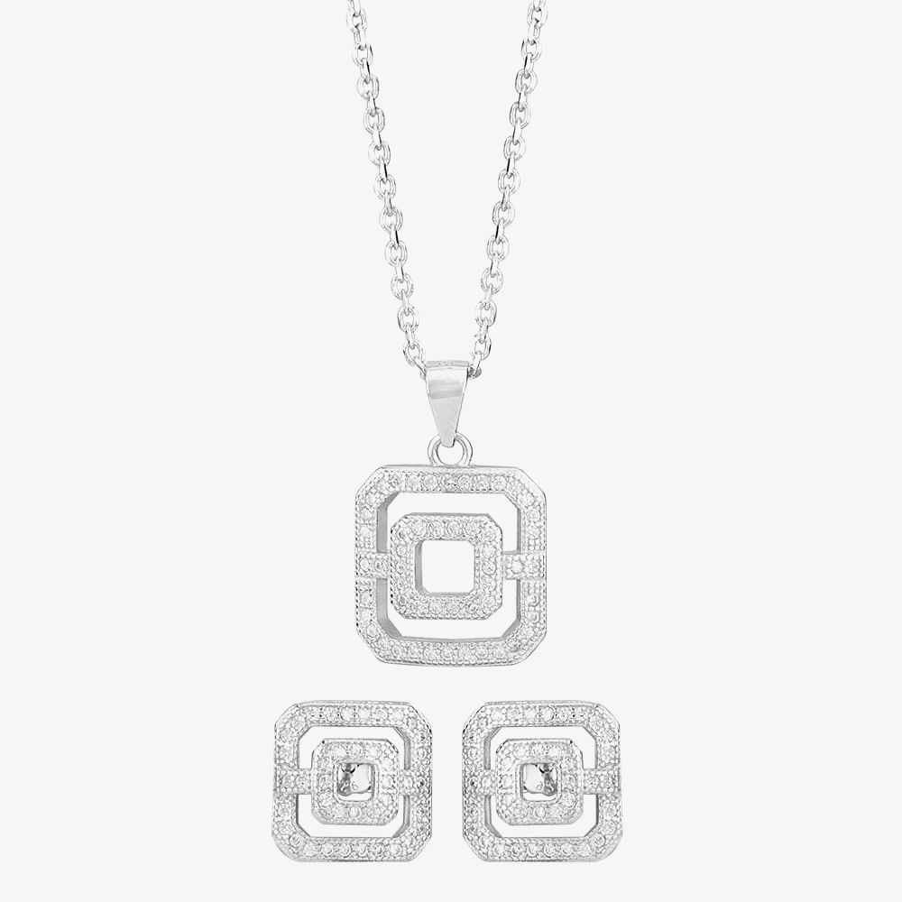 Silver Pave Open Square Pendant and Earring Set