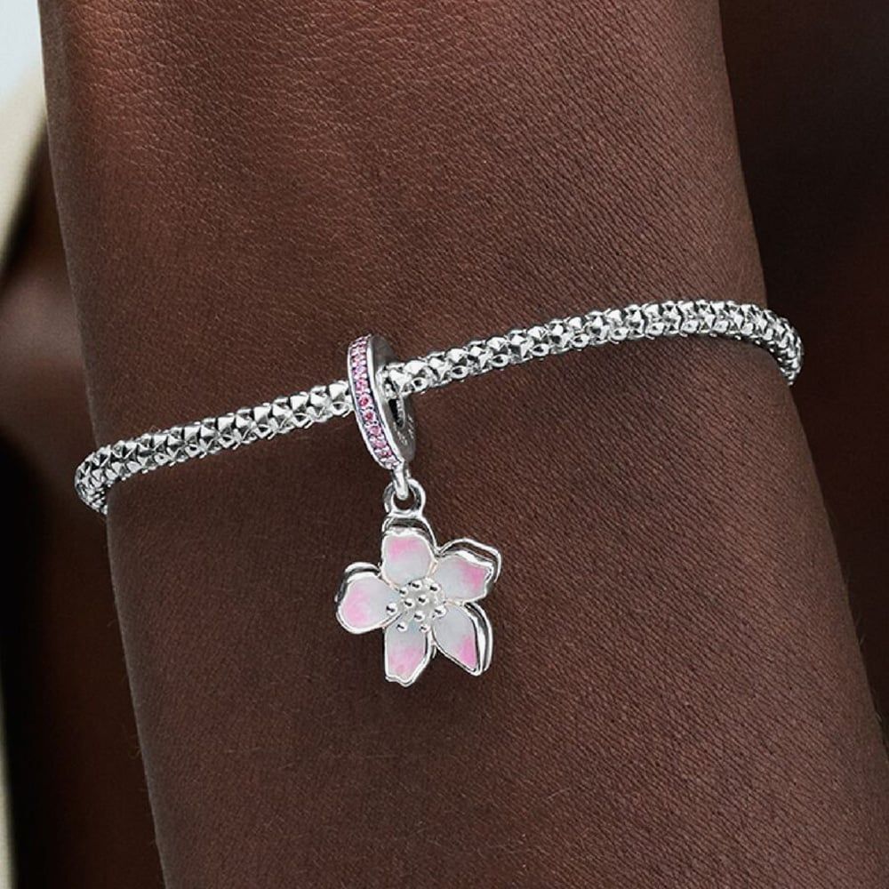 PANDORA 790667C01 Silver Pink Cherry Blossom Dangle Charm - thbaker.co.uk