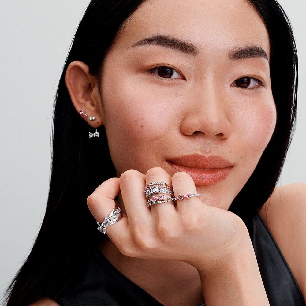 PANDORA 193510C01 Silver Sparkling Pink Bow Ring