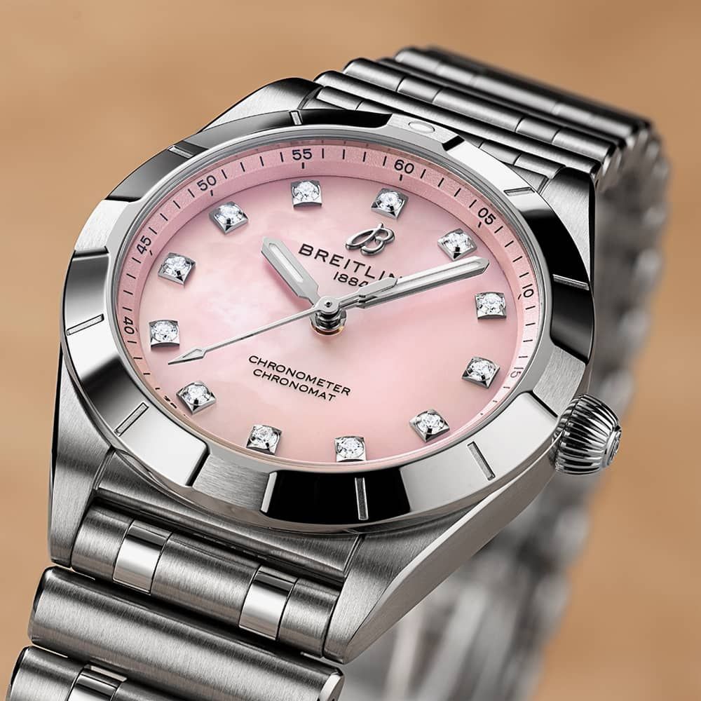 Breitling Chronomat 32 Diamonds Pink Dial Silver Steel Strap Watch for Women - A77310101K1A1