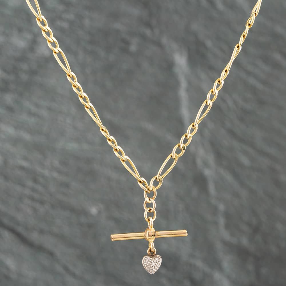 Second Hand 9ct Yellow Gold Heart 18 Inch T-Bar Figaro Chain