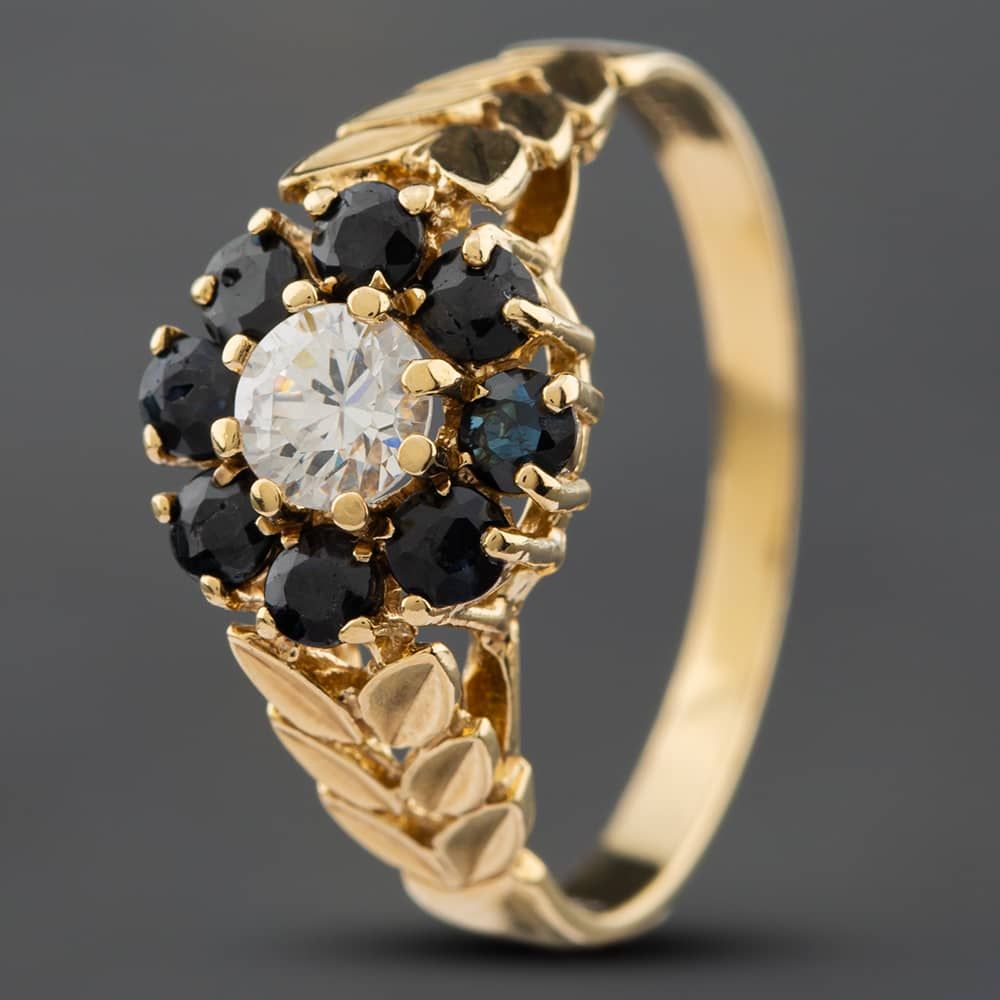 Second Hand 9ct Yellow Gold Sapphire Cubic Zirconia Cluster Ring