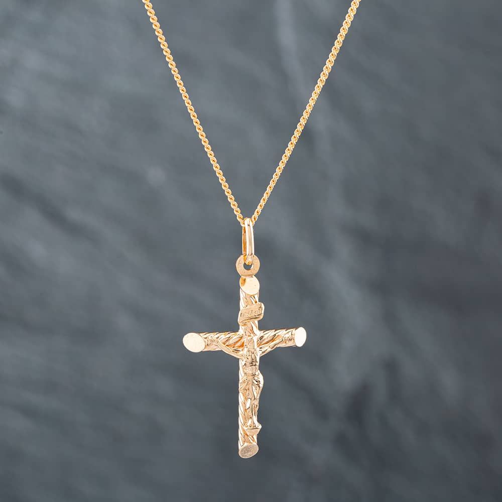 Second Hand 9ct Yellow Gold Crucifix Cross Pendant 16 Inch Curb Chain  41141855