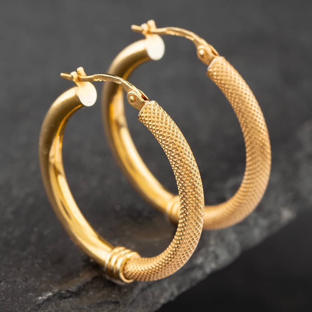 Second Hand 9ct Yellow Gold 26mm Half Patterned Hoop Earrings 41171752