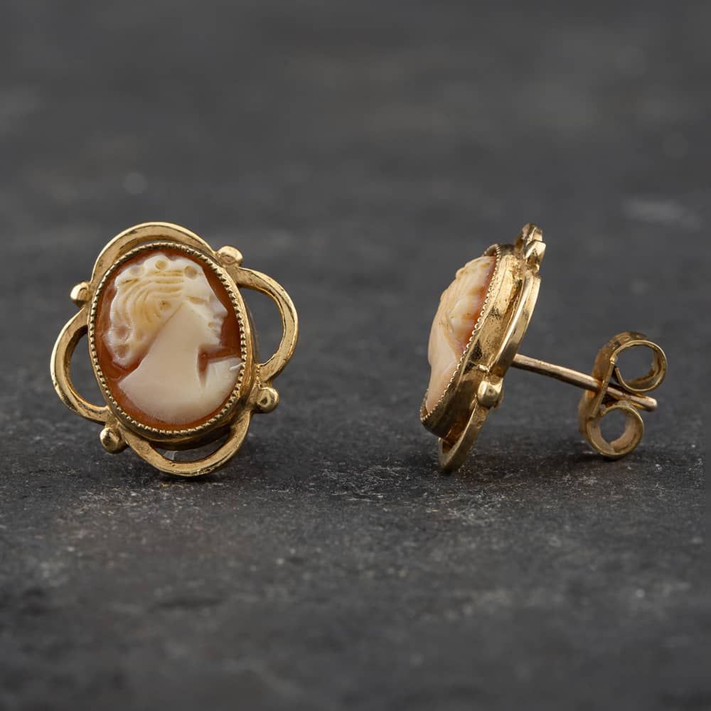 Second Hand Vintage 9ct Yellow Gold Cameo Oval Stud Earrings 41171923