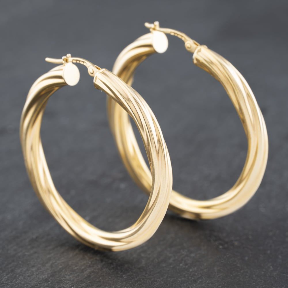 Second Hand 9ct Yellow Gold 37mm Large Twisted Hoop Earrings - Main Image