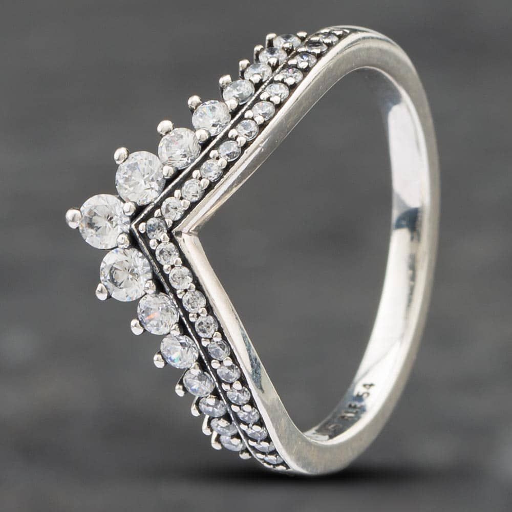 Second Hand Pandora Silver Cubic Zirconia Princess Tiara Wishbone Dress  Ring 41221107