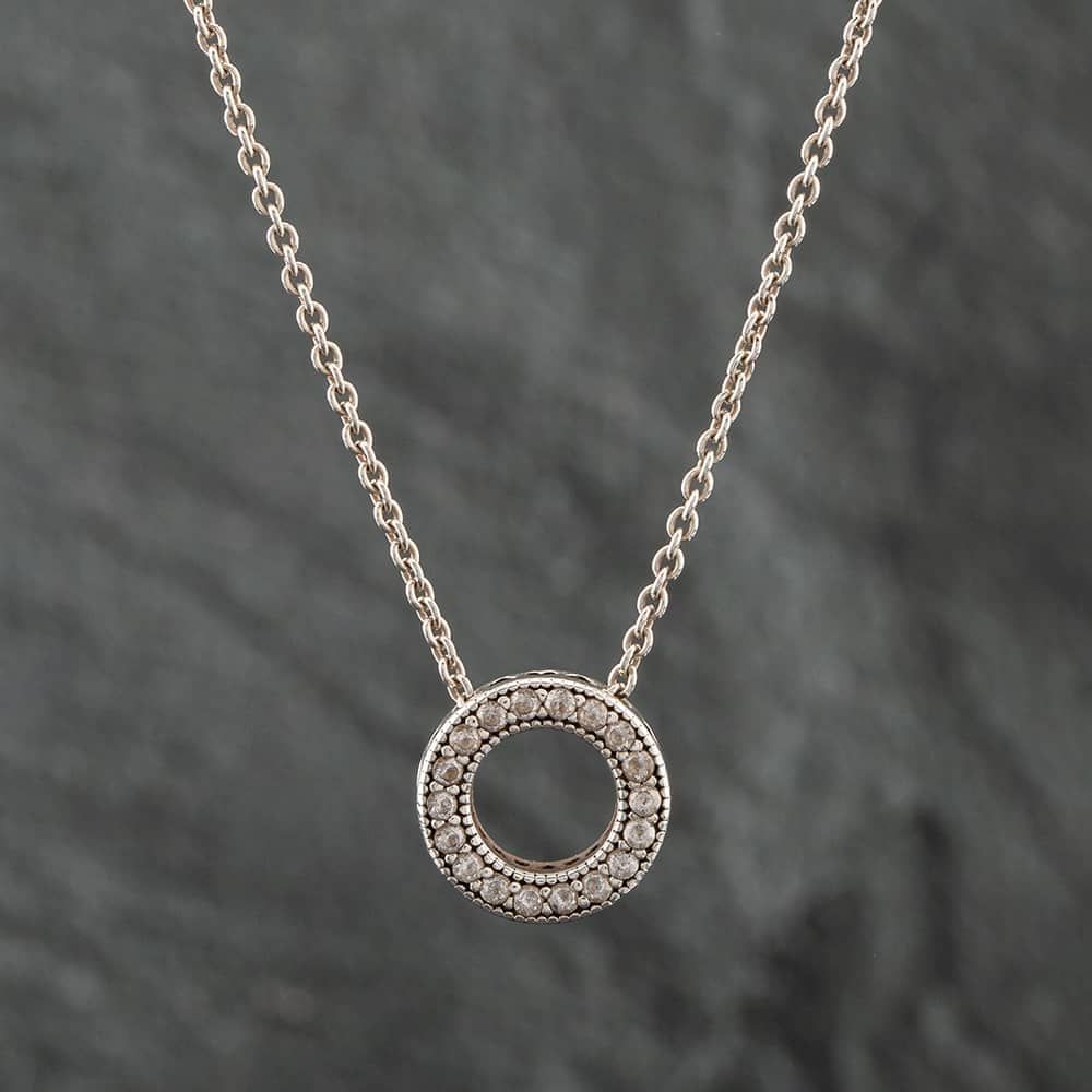 Second Hand Pandora Silver Logo Pave Circle Collier Pendant 16 Inch Trace  Chain 41221193