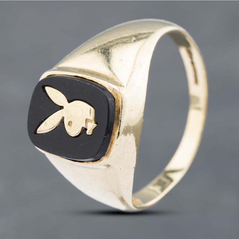 Second Hand 9ct Yellow Gold Onyx Cushion Playboy Signet Ring