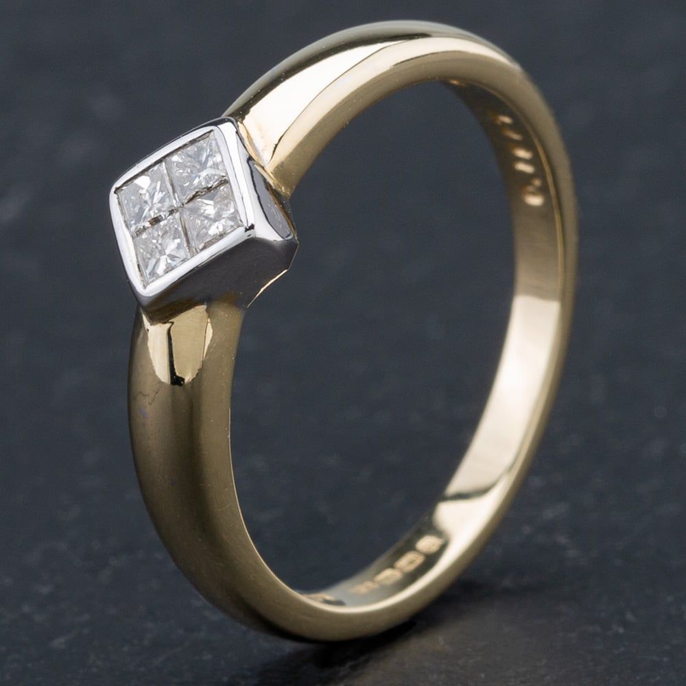 Second Hand 9ct Yellow Gold Princess Cut Diamond Rubover Tension