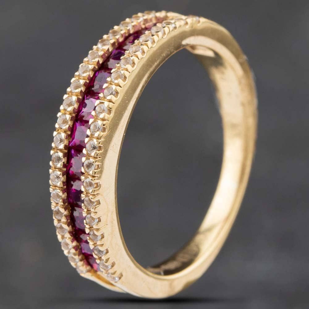 Second Hand 9ct Yellow Gold Ruby & Diamond Three Row Half Eternity Ring ...